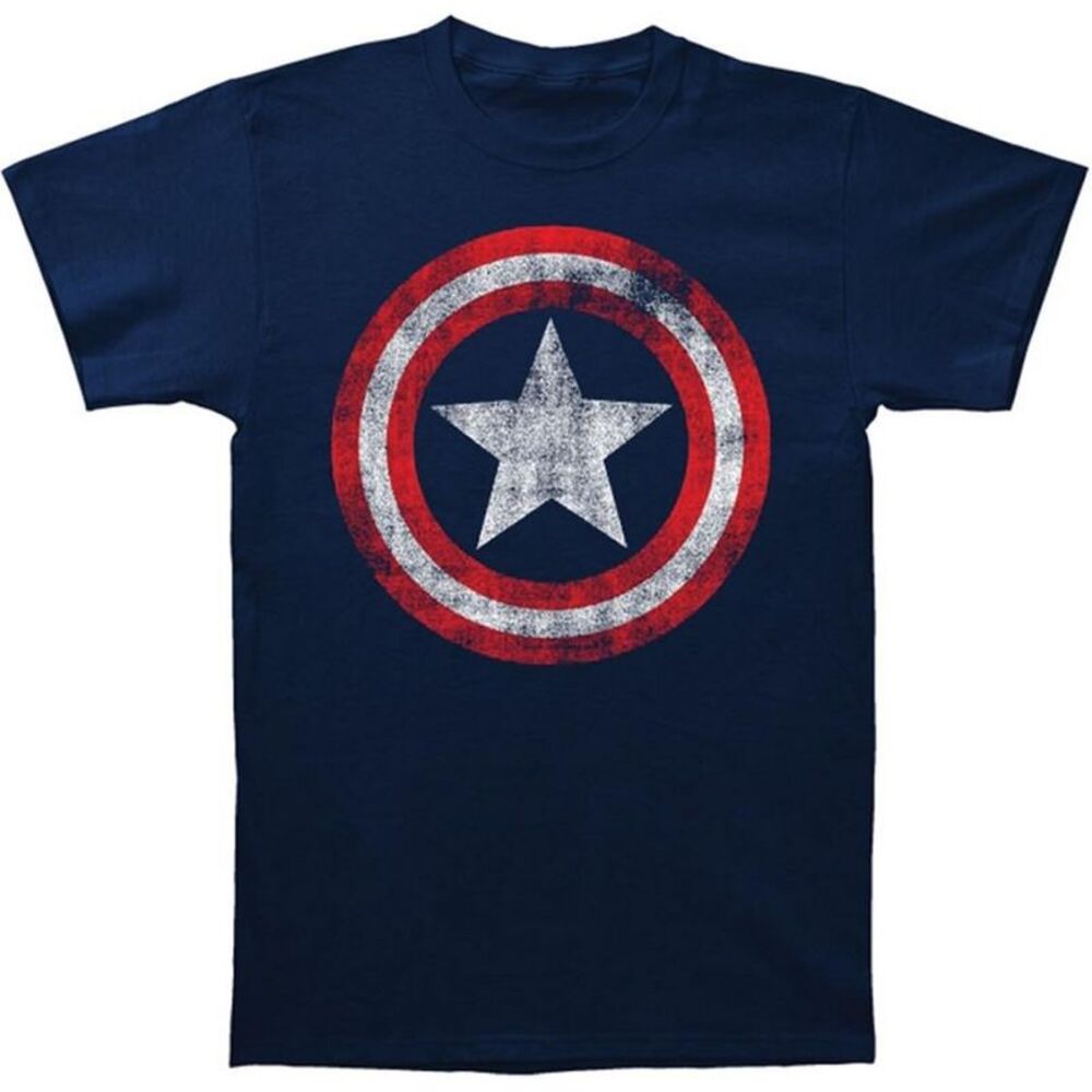 Captain America Unisex Adult Distressed Shield Cotton T-Shirt / Navy Blue